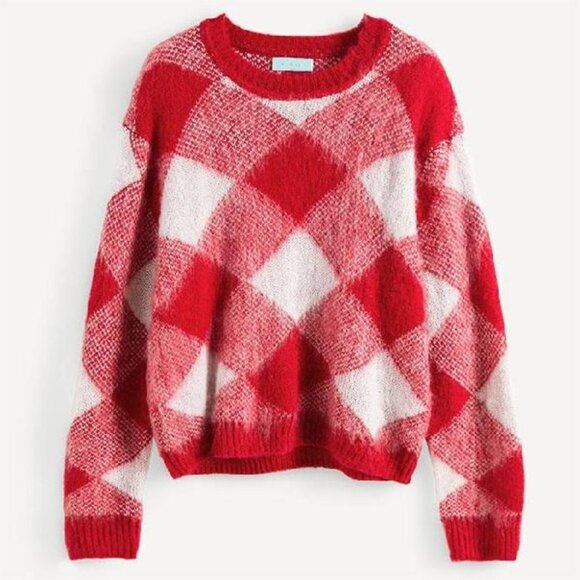 Sandro Sparks Diamond Sweater Red Plaid Mohair Size Small crew neck fluffy - Picture 8 of 11